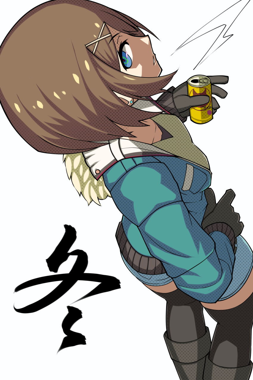 absurdres alternate_costume black_footwear black_gloves black_legwear blue_eyes blue_jacket boots brown_hair can collarbone earrings gloves hair_ornament hand_on_own_stomach highres holding holding_can jacket jewelry kantai_collection karasuma_kuraha looking_at_viewer maya_(kantai_collection) short_hair short_shorts shorts simple_background thigh-highs white_background x_hair_ornament