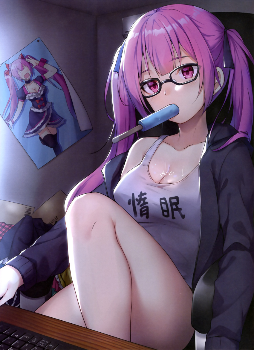 1girl absurdres artist_request bare_legs black-framed_eyewear black_jacket black_ribbon blush breasts closed_eyes collarbone computer_keyboard dengeki_moeou food glasses hair_ribbon highres indoors jacket knee_up long_hair long_sleeves medium_breasts melting mouth_hold off_shoulder open_clothes open_jacket pink_eyes pink_hair popsicle poster_(object) ribbon scan single_bare_shoulder sitting solo table tank_top thighs twintails