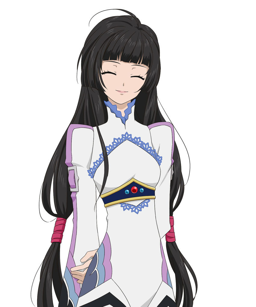 1girl arms_behind_back black_hair closed_eyes highres kohak_hearts long_hair long_sleeves official_art simple_background solo tales_of_(series) tales_of_hearts tales_of_link very_long_hair white_background