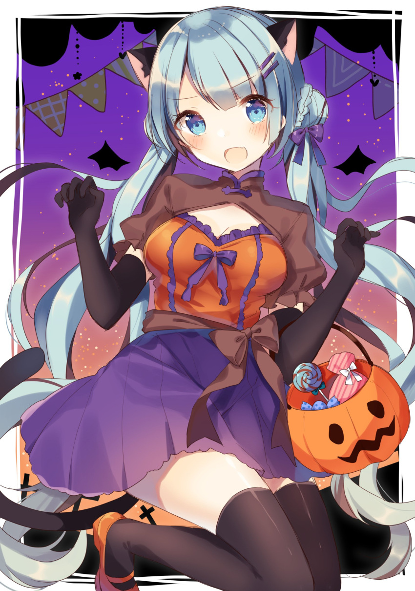 1girl absurdres animal_ears cat_ears cat_tail claw_pose dress elbow_gloves gloves green_eyes green_hair halloween_costume highres jack-o'-lantern long_hair open_mouth original shiino_sera tail thigh-highs