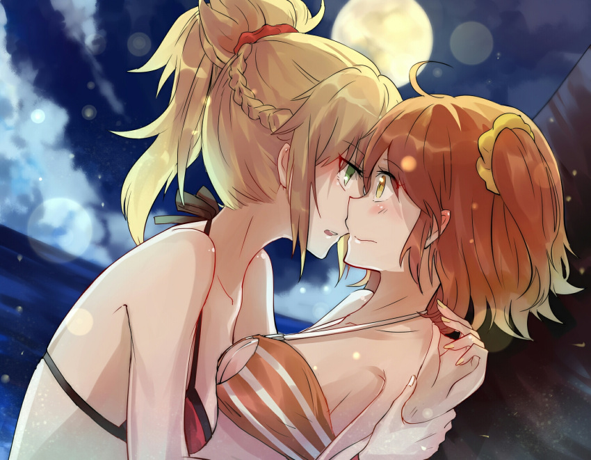 2girls against_tree ahoge aili_(aliceandoz) bare_shoulders beach bikini blonde_hair braided_bun breasts cleavage cleavage_cutout closed_mouth clouds collarbone couple dutch_angle eye_contact fate/grand_order fate_(series) female fujimaru_ritsuka_(female) full_moon green_eyes highres incipient_kiss light_particles looking_at_another medium_breasts moon multiple_girls neck night night_sky ocean orange_bikini orange_hair orange_swimsuit palm_tree ponytail red_bikini red_swimsuit saber_of_red scrunchie sea short_hair side_ponytail sky small_breasts striped striped_bikini striped_swimsuit swimsuit tree type-moon water wrist_grab yellow_eyes yuri