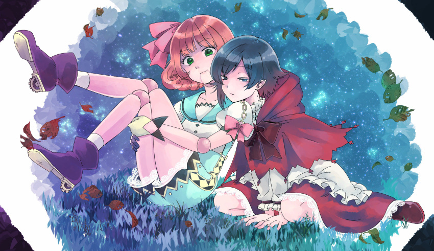 2girls commentary_request doll_joints grass highres leaves_in_wind looking_at_viewer moromoimaru multiple_girls penny_polendina ruby_rose rwby sky star_(sky) starry_sky