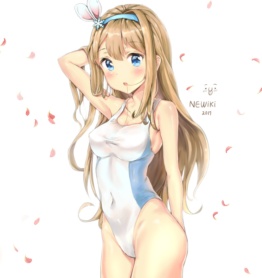 1girl armpits artist_name blonde_hair blue_eyes blue_hairband breasts competition_swimsuit covered_navel cowboy_shot dated eyebrows_visible_through_hair girls_frontline hair_in_mouth hairband highleg highleg_swimsuit highres long_hair looking_at_viewer medium_breasts newiki one-piece_swimsuit open_mouth revision signature simple_background snowflakes solo suomi_kp31_(girls_frontline) swimsuit white_background white_swimsuit