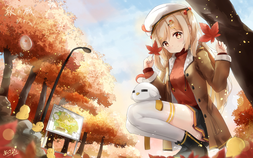 &gt;_&lt; 1girl =_= animal ankle_boots autumn autumn_leaves bangs beret bird bird_hair_ornament black_footwear blonde_hair blue_sky blurry blush boots brown_coat chicken closed_mouth coat day depth_of_field drawstring hair_ornament hat highres holding holding_leaf k.syo.e+ lamppost leaf legs_together long_hair long_sleeves looking_at_viewer map miniskirt one_side_up open_clothes open_coat original outdoors park plant pleated_skirt red_sweater rock signature skirt sky sleeves_past_wrists smile solo squatting tareme thigh-highs translation_request tree unbuttoned very_long_hair white_hat white_legwear yellow_eyes zettai_ryouiki