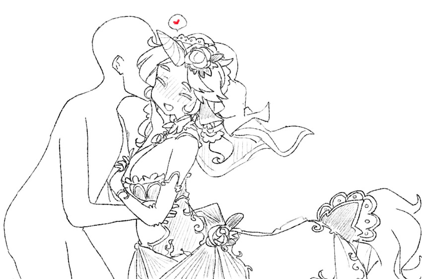 1boy 1girl :d animal_ears bare_shoulders blush breasts bridal_gauntlets centaur cheek_kiss cleavage closed_eyes commentary cowboy_shot faceless faceless_male flower greyscale hair_flower hair_ornament heart horn horse_ears kiss large_breasts latenight long_hair monochrome monster_girl monster_girl_encyclopedia open_mouth simple_background smile speech_bubble spoken_heart standing unicorn_(monster_girl_encyclopedia) white_background