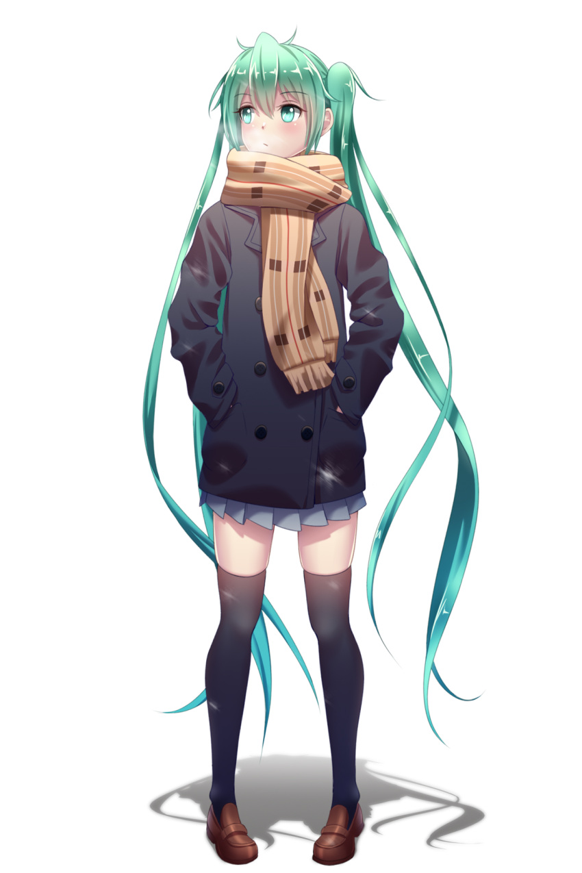 1girl black_legwear coat geduan green_eyes green_hair hands_in_pockets hatsune_miku highres loafers long_hair looking_away pigeon-toed revision scarf shoes simple_background skirt solo thigh-highs twintails very_long_hair vocaloid white_background