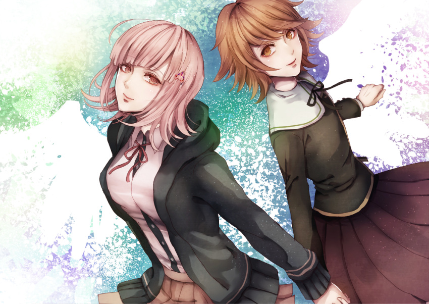 1boy 1girl androgynous black_ribbon black_sweater brown_eyes brown_hair brown_skirt cardigan dangan_ronpa eyebrows_visible_through_hair fujisaki_chihiro hair_ornament hand_holding hood hooded_sweater interlocked_fingers looking_at_viewer miniskirt nanami_chiaki neck_ribbon open_cardigan open_clothes parted_lips pink_hair pleated_skirt red_ribbon ribbon shirt skirt smile spoilers sweater trap white_shirt z-epto_(chat-noir86)