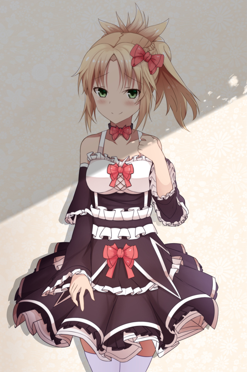 1girl absurdres alternate_costume blonde_hair blush bow choker collarbone cowboy_shot detached_sleeves eyebrows_visible_through_hair fate/apocrypha fate_(series) green_eyes hair_bow highres lolita_fashion long_hair looking_at_viewer nagisa_(pixiv17634981) red_bow saber_of_red smile solo standing thigh-highs white_legwear