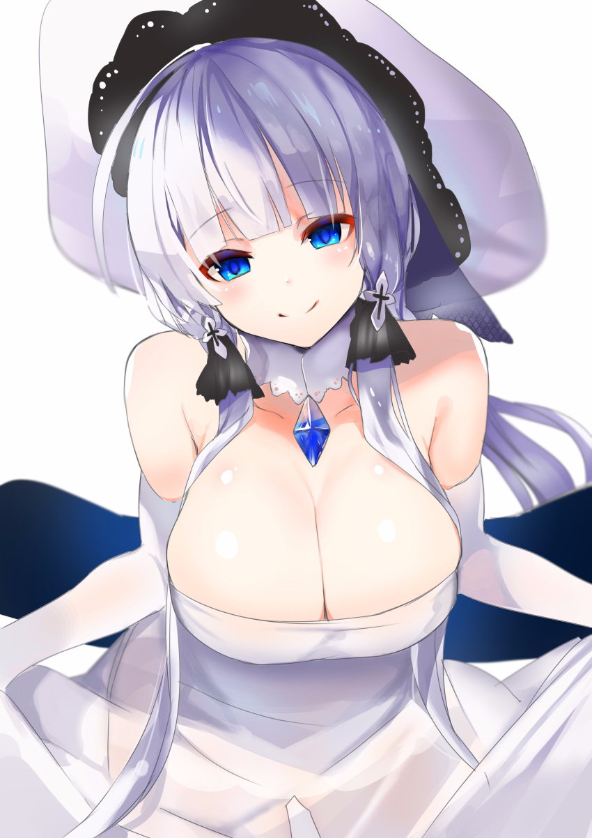absurdres amamitsu_kousuke azur_lane blue_eyes breasts cleavage closed_mouth elbow_gloves gloves hat head_tilt highres illustrious_(azur_lane) jewelry large_breasts pendant silver_hair simple_background smile sun_hat upper_body white_background white_gloves white_hat