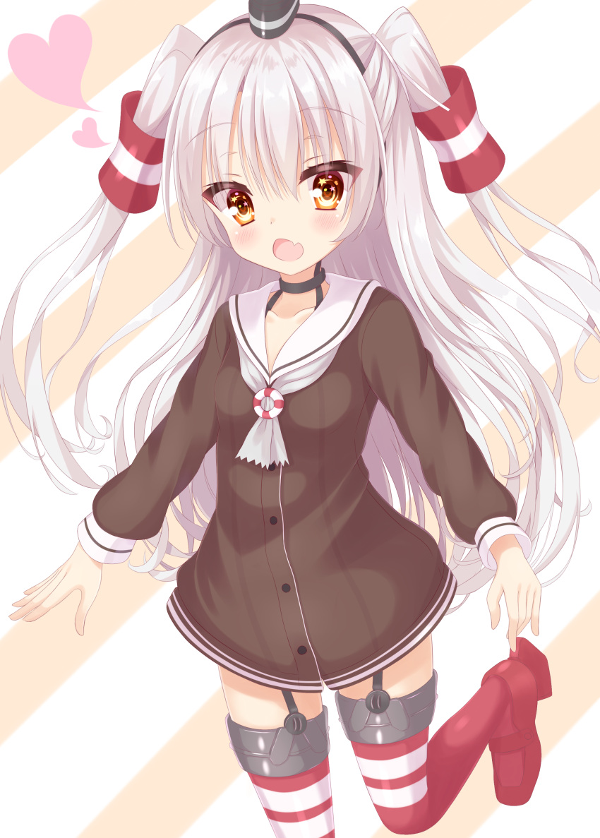 1girl absurdres amatsukaze_(kantai_collection) bangs black_hairband black_neckwear breasts brown_dress brown_eyes choker collarbone commentary_request dress eyebrows_visible_through_hair fang garter_straps hair_between_eyes hair_tubes hairband hakuto_momiji hat head_tilt heart highres kantai_collection lifebuoy long_hair long_sleeves looking_at_viewer mini_hat open_mouth red_footwear red_legwear sailor_dress see-through shoes short_dress sidelocks silver_hair small_breasts smokestack solo standing standing_on_one_leg star_in_eye striped striped_legwear thigh-highs thighs two_side_up very_long_hair windsock