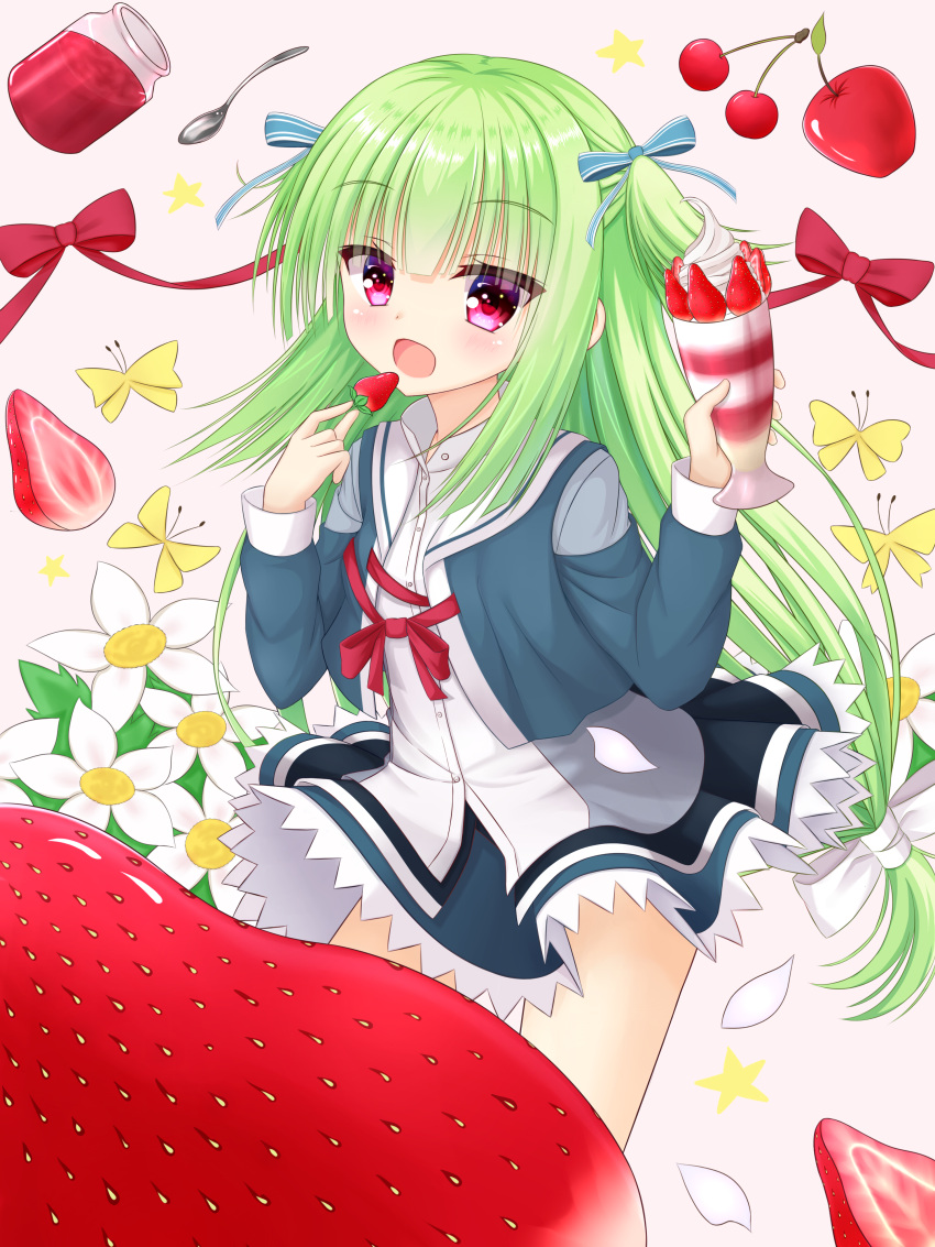 1girl :d absurdres animal bangs blue_bow blue_jacket blue_skirt blunt_bangs blush bow butterfly_hair_ornament cherry collared_shirt commentary_request eyebrows_visible_through_hair food fruit green_hair hair_bow hair_ornament hakuto_momiji head_tilt highres holding jacket jam jar long_hair long_sleeves looking_at_viewer low-tied_long_hair murasame_(senren) open_clothes open_jacket open_mouth parfait petals pink_background red_bow red_ribbon ribbon school_uniform senren_banka shirt skirt smile solo spoon star strawberry striped striped_bow two_side_up very_long_hair violet_eyes white_bow white_flower white_shirt