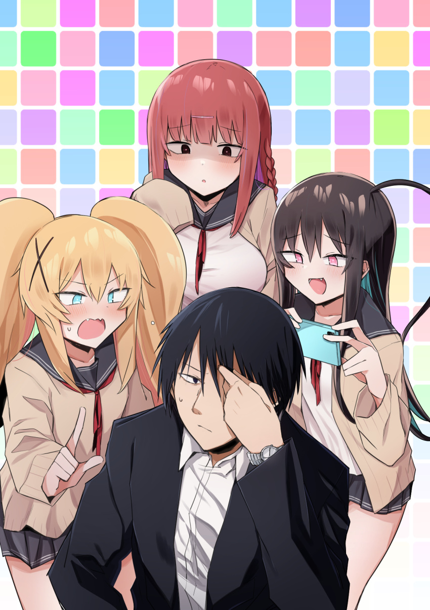 1boy 3girls bangs black_eyes black_hair black_skirt blonde_hair blush braid brown_cardigan cardigan cellphone collarbone dress_shirt fang formal green_eyes hair_between_eyes hair_ornament hairclip heart heart-shaped_pupils highres kirizaki_soichi kitsuregawa_yuki long_hair long_sleeves multiple_girls open_mouth phone pink_eyes red_eyes redhead sailor_collar school_uniform serafuku shirt side_ponytail single_braid skirt sleeves_past_wrists smartphone smile suit symbol-shaped_pupils twintails very_long_hair watarase_momoka watch watch white_shirt x_hair_ornament yuzukami_chika zaako_zako_zako_zako_sensei zeroyon_(yukkuri_remirya)