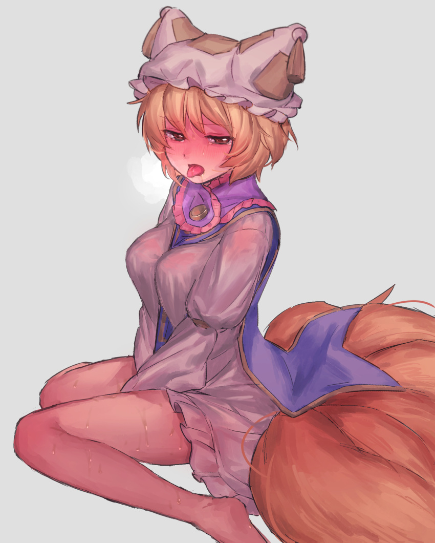 1girl bangs bare_legs barefoot between_breasts blonde_hair blush breasts commentary_request fox_tail grey_background hat heavy_breathing highres looking_at_viewer masanaga_(tsukasa) medium_breasts ofuda pillow_hat short_hair simple_background sitting sketch solo sweat tabard tail tassel tongue tongue_out touhou wariza white_background white_hat yakumo_ran