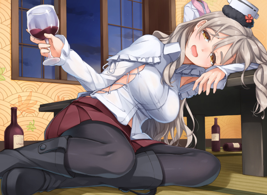 1girl alcohol alternate_costume armpits black_footwear black_legwear blush boots bottle breasts brown_eyes clouds coffee_table collared_shirt corset cup drinking_glass drunk elbows_on_table grey_hair hair_between_eyes hair_over_shoulder half-closed_eyes hat hazuki_akaoto head_on_table holding holding_drinking_glass jacket kantai_collection large_breasts leaning_on_object long_hair long_sleeves looking_at_viewer midriff_peek mini_hat miniskirt multiple_girls night night_sky open_mouth pantyhose pink_scarf pola_(kantai_collection) scarf shirt sideboob sitting skirt sky smile solo sparkle table tareme tatami thick_eyebrows wavy_hair white_jacket white_shirt window wine wine_glass yokozuwari