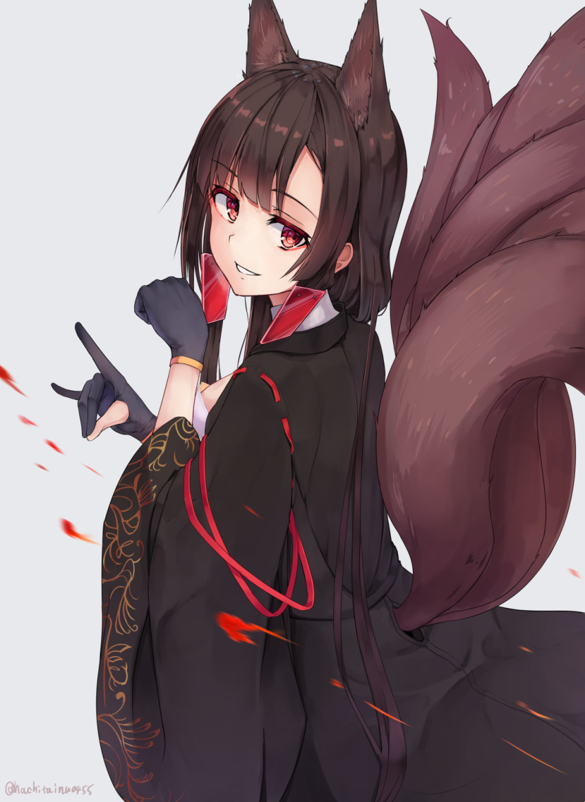 1girl :d akagi_(azur_lane) animal_ears azur_lane black_hair commentary_request eyeshadow fox_ears fox_tail hachita_(odangoya) hair_tubes highres japanese_clothes long_hair looking_at_viewer makeup multiple_tails open_mouth red_eyes smile solo tail