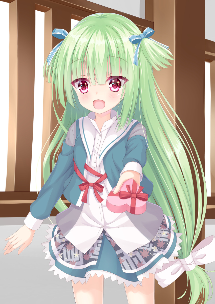 1girl :d absurdres bangs blue_bow blue_jacket blue_ribbon blunt_bangs blush bow box collared_shirt commentary_request cowboy_shot eyebrows_visible_through_hair eyes_visible_through_hair gift gift_box green_hair hair_bow hair_ribbon hakuto_momiji heart-shaped_box highres incoming_gift indoors jacket long_hair long_sleeves looking_at_viewer low-tied_long_hair murasame_(senren) open_clothes open_jacket open_mouth outstretched_arm red_eyes red_ribbon ribbon school_uniform senren_banka shirt skirt smile solo standing two_side_up valentine very_long_hair white_bow white_shirt