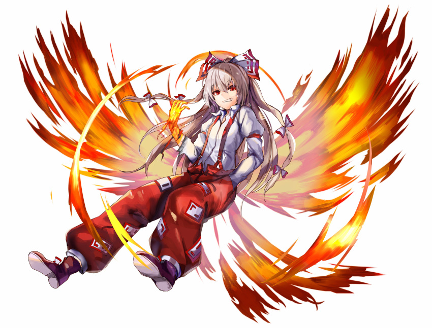 1girl absurdres amamitsu_kousuke bow fiery_wings fire fujiwara_no_mokou full_body grin hair_bow hand_in_pocket highres long_hair long_sleeves looking_at_viewer ofuda pants red_bow red_eyes red_pants shirt shoes silver_hair simple_background smile solo suspenders torn_clothes torn_shirt touhou very_long_hair white_background white_shirt wing_collar