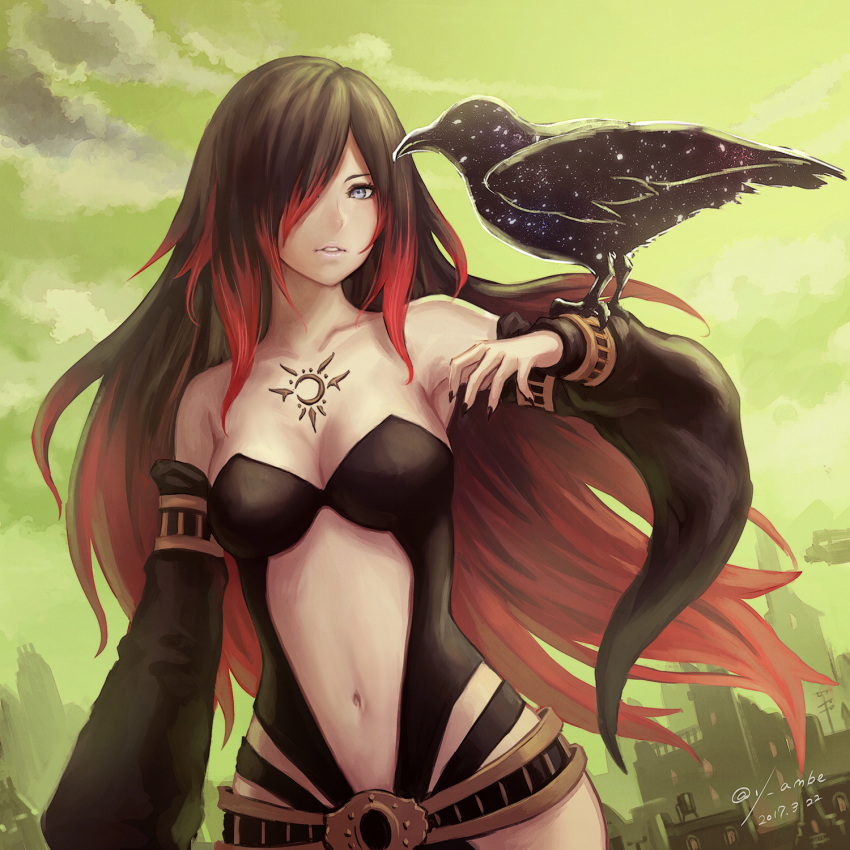 1girl anbe_yoshirou arm_at_side armpits bare_shoulders bird bird_on_arm black_detached_sleeves black_hair black_nails blue_eyes breasts building city cityscape cleavage clouds collarbone cowboy_shot crow crow_(gravity_daze) detached_sleeves gradient gradient_hair gravity_daze green_sky hair_over_one_eye hand_up highres large_breasts long_sleeves multicolored multicolored_hair nail_polish navel neck outdoors parted_lips redhead revealing_clothes sky solo standing stomach strapless very_long_hair