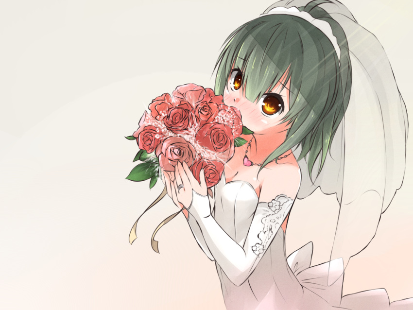 1girl ahoge alternate_costume bare_shoulders blush bouquet breasts bridal_veil bride brown_eyes cleavage collarbone covering_mouth detached_sleeves dress eyebrows_visible_through_hair flower from_above gradient gradient_background hair_between_eyes heart heart_necklace holding holding_bouquet jewelry kantai_collection long_sleeves looking_at_viewer looking_up myuto_(advent_retribution) pendant ponytail red_rose ring rose see-through short_hair small_breasts solo strapless strapless_dress tareme upper_body veil wedding_band wedding_dress white_dress yellow_background yuubari_(kantai_collection)