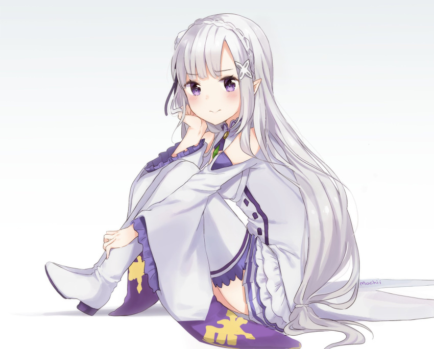 1girl :&gt; bangs bare_shoulders blunt_bangs blush boots braid chin_rest closed_mouth commentary emilia_(re:zero) eyebrows_visible_through_hair from_side full_body gem grey_background hair_ornament hairclip high_heel_boots high_heels highres long_hair long_sleeves looking_at_viewer low-tied_long_hair mochii pointy_ears re:zero_kara_hajimeru_isekai_seikatsu signature simple_background sitting solo thigh-highs thigh_boots very_long_hair violet_eyes wide_sleeves x_hair_ornament