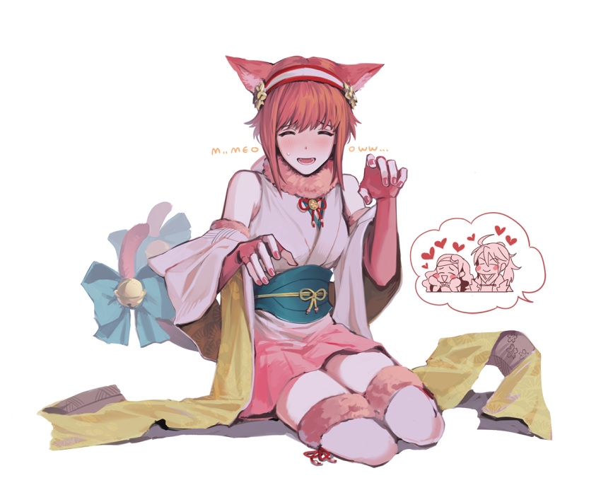 1girl animal_ears bell bell_collar blush bob_cut cat_ears cat_girl cat_tail closed_eyes collar elbow_gloves embarrassed fingerless_gloves fire_emblem fire_emblem_if gloves japanese_clothes kazahana_(fire_emblem_if) kimono looking_at_viewer pink_hair sakura_(fire_emblem_if) scarf seiza simple_background sitting smile sophie_(693432) tail thigh-highs tsubaki_(fire_emblem_if) white_background
