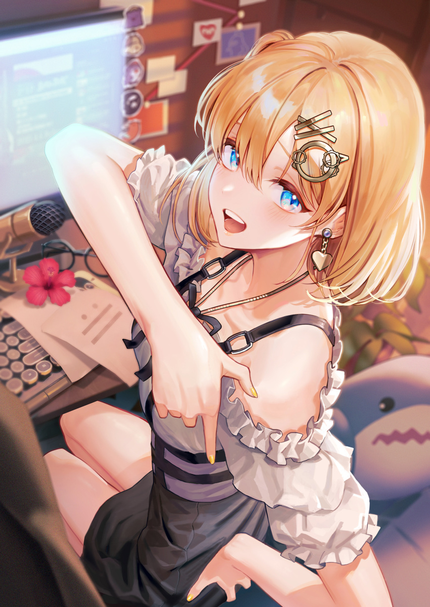 1girl bangs black_skirt blonde_hair blue_eyes breasts chair earrings flower frills hair_ornament hairclip highres hololive hololive_english jewelry keyboard_(computer) looking_at_viewer looking_back microphone monitor necklace office_chair official_alternate_costume open_mouth pointing pointing_down red_flower scratching_ass short_hair sitting skirt solo stuffed_animal stuffed_shark stuffed_toy suspenders tf18080512 upper_teeth virtual_youtuber watson_amelia