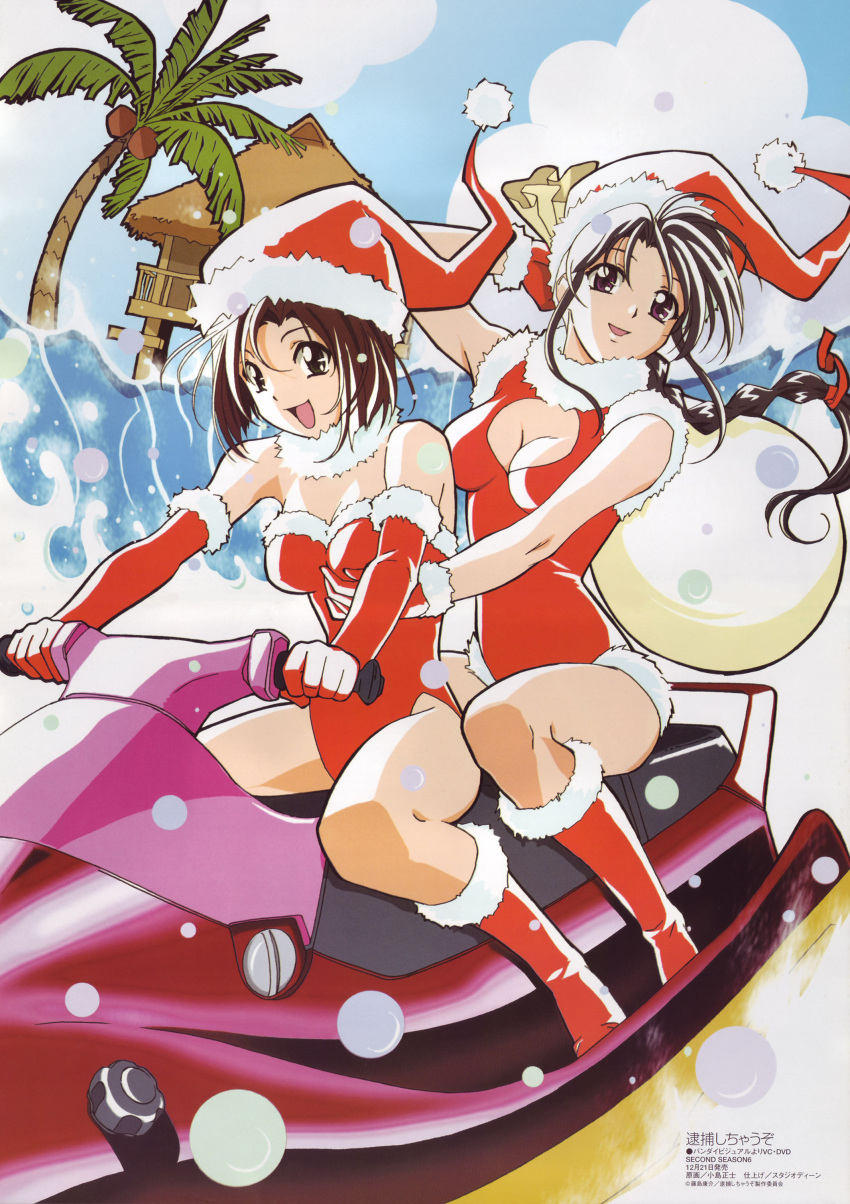 2girls absurdres black_eyes boots braid breasts brown_hair cleavage elbow_gloves fur_collar fur_trim gloves hat highres kobayakawa_miyuki long_hair looking_at_viewer medium_breasts multiple_girls nakajima_atsuko official_art open_mouth outdoors palm_tree riding sack santa_hat short_hair sitting tree tsujimoto_natsumi water you're_under_arrest