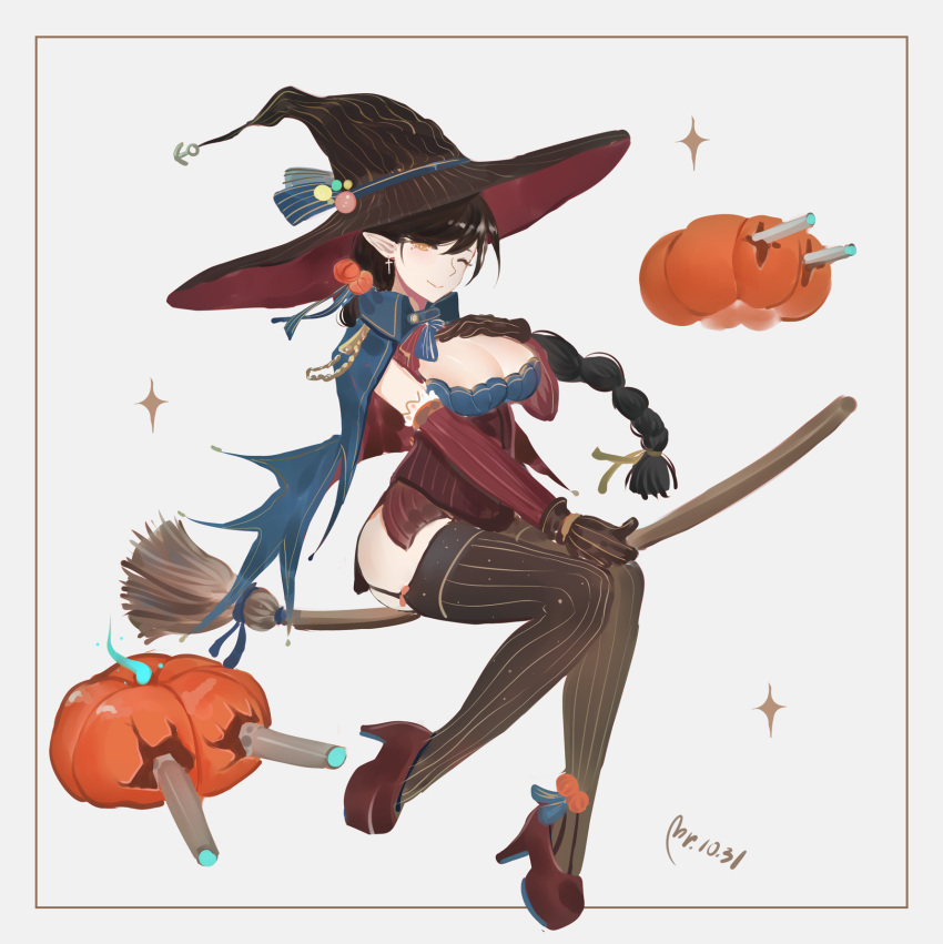 1girl ;) atago_(azur_lane) azur_lane black_hair blue_fire braid breasts broom broom_riding cape cleavage corset cross cross_earrings dated earrings fire frame full_body garter_straps halloween hand_on_own_chest hat high_heels highres jack-o'-lantern jewelry large_breasts long_hair looking_at_viewer microskirt mole mole_under_eye one_eye_closed pointy_ears side_slit single_braid skirt smile solo sparkle striped striped_legwear thigh-highs vertical-striped_legwear vertical_stripes very_long_hair witch witch_hat yellow_eyes yueguang_zhanglang