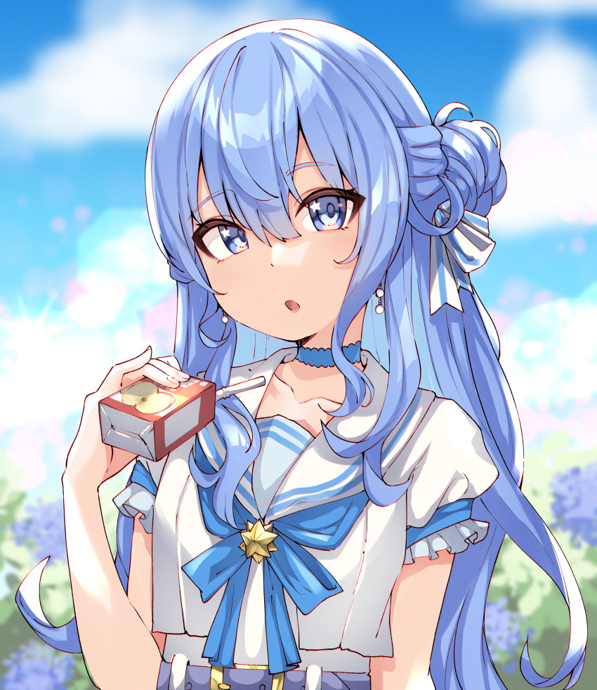1girl absurdres apple_juice bangs belt blue_belt blue_eyes blue_ribbon blue_sky blurry blurry_background breasts clouds cloudy_sky collarbone day earrings eyelashes flower frilled_sleeves frills hair_between_eyes hair_ribbon hand_up head_tilt highres holding hololive hoshimachi_suisei jewelry juice_box lens_flare long_hair looking_at_viewer one_side_up open_mouth ribbon shiny shiny_hair shirt short_sleeves sidelocks sky small_breasts solo star_(symbol) star_in_eye symbol_in_eye upper_body valefal_coneri virtual_youtuber white_ribbon white_shirt
