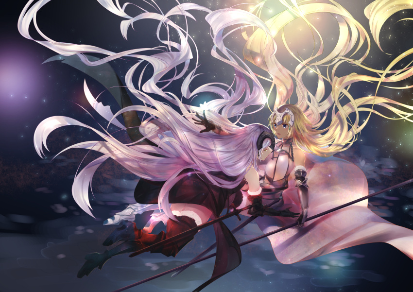 2girls absurdly_long_hair armor armored_boots armored_dress bare_shoulders blonde_hair blue_eyes boots breasts cape cleavage elbow_gloves fate/grand_order fate_(series) flagpole gauntlets gloves headpiece highres jeanne_alter karinto_yamada large_breasts long_hair multiple_girls open_mouth ruler_(fate/apocrypha) sideboob silver_hair sword thigh-highs thigh_boots very_long_hair weapon yellow_eyes