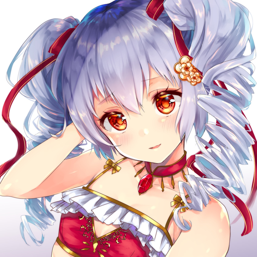 1girl absurdres blush breasts brown_eyes cleavage_cutout collarbone drill_hair eyebrows_visible_through_hair hair_ribbon hekiki_riyo highres long_hair looking_at_viewer parted_lips red_ribbon ribbon silver_hair small_breasts smile solo soul_reverse_zero swimsuit twin_drills