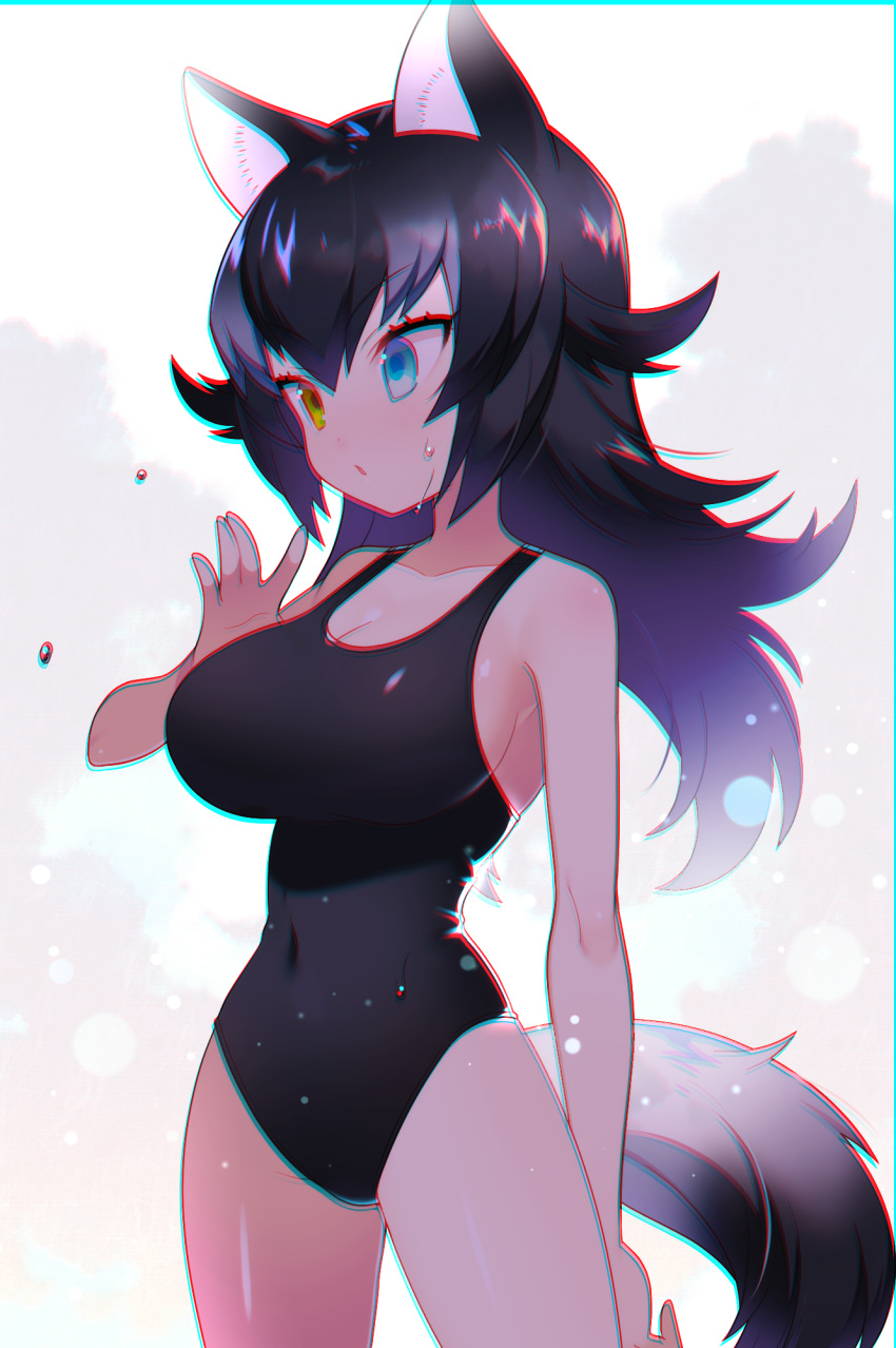 1girl akemaru animal_ears black_hair blue_eyes blush breasts chromatic_aberration chromatic_aberration_abuse cleavage covered_navel eyebrows_visible_through_hair grey_wolf_(kemono_friends) heterochromia highres kemono_friends large_breasts long_hair multicolored_hair slender_waist solo swimsuit tail two-tone_hair wet wet_clothes wet_swimsuit wolf_ears wolf_tail yellow_eyes