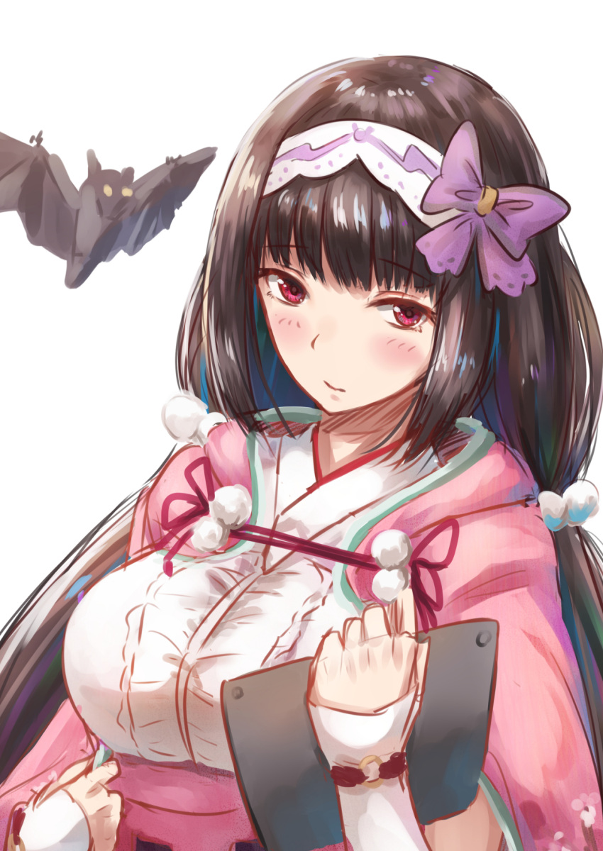 1girl bat black_hair fate/grand_order fate_(series) fingerless_gloves gloves gohei_(aoi_yuugure) hairband highres long_hair looking_at_viewer low_twintails origami osakabe-hime_(fate/grand_order) sketch solo tablet_pc twintails violet_eyes white_background