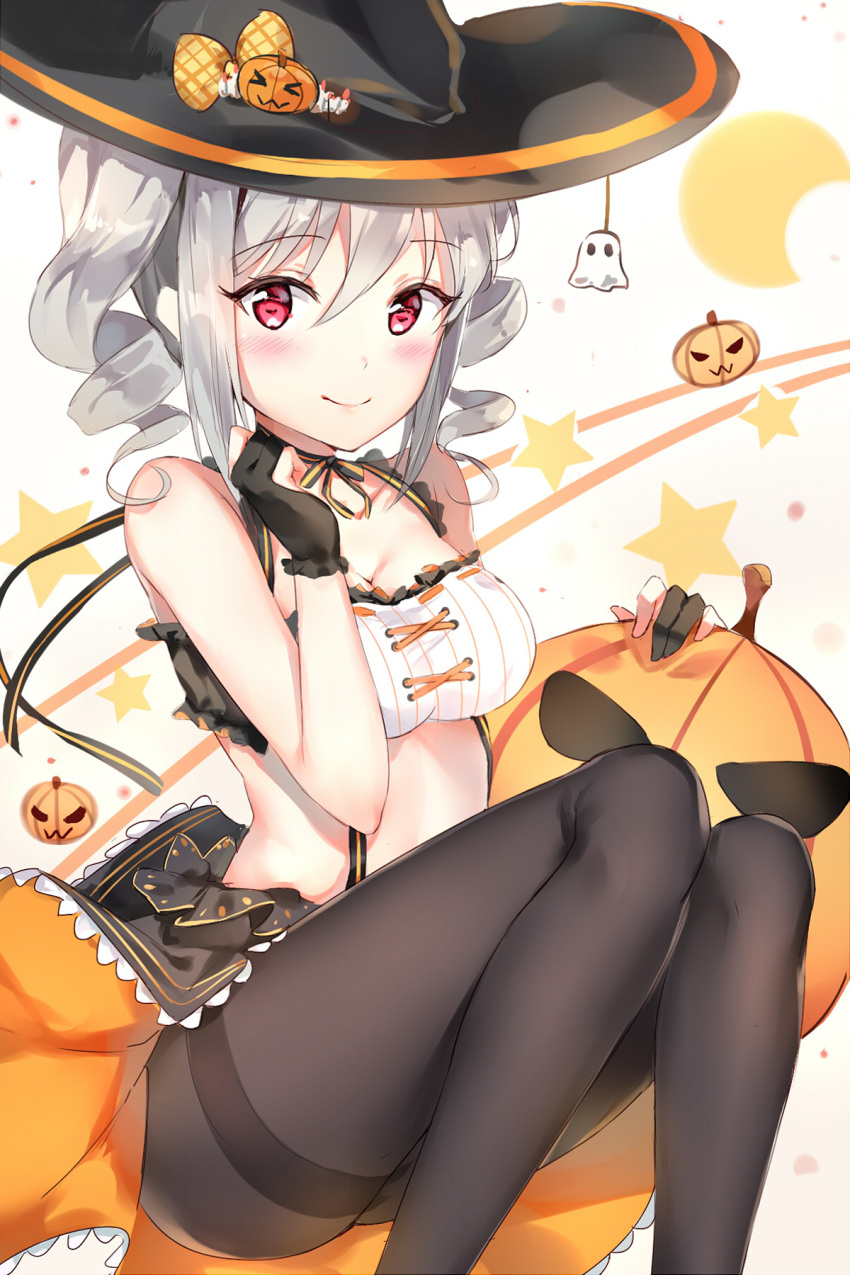 1girl black_gloves black_legwear blush bow breasts cleavage crescent drill_hair ginn_(hzh770121) gloves halloween hat hat_bow hat_ornament highres idolmaster idolmaster_cinderella_girls jack-o'-lantern jack-o'-lantern_ornament kanzaki_ranko looking_at_viewer midriff neck_ribbon pantyhose partly_fingerless_gloves red_eyes ribbon ribbon_trim silver_hair skirt smile solo star suspenders thighband_pantyhose twin_drills witch_hat