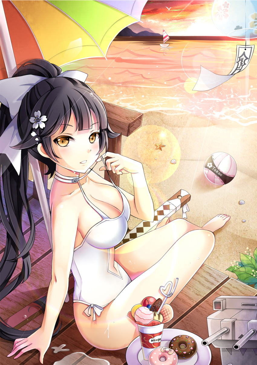 1girl arm_support azur_lane barefoot beach black_hair boat bow breasts casual_one-piece_swimsuit cleavage collarbone doughnut flower food gyaza hair_bow hair_flower hair_ornament high_ponytail highres large_breasts long_hair looking_at_viewer ocean one-piece_swimsuit orange_eyes outdoors shiny shiny_skin sitting smile solo swimsuit takao_(azur_lane) very_long_hair watercraft white_bow white_flower white_swimsuit