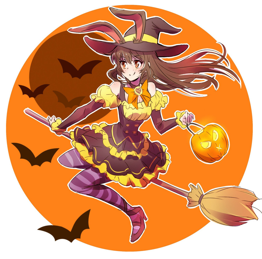 1girl animal_ears broom broom_riding ears_through_headwear halloween halloween_costume hat high_heels highres iesupa jack-o'-lantern pumpkin rabbit_ears rwby solo velvet_scarlatina witch witch_hat