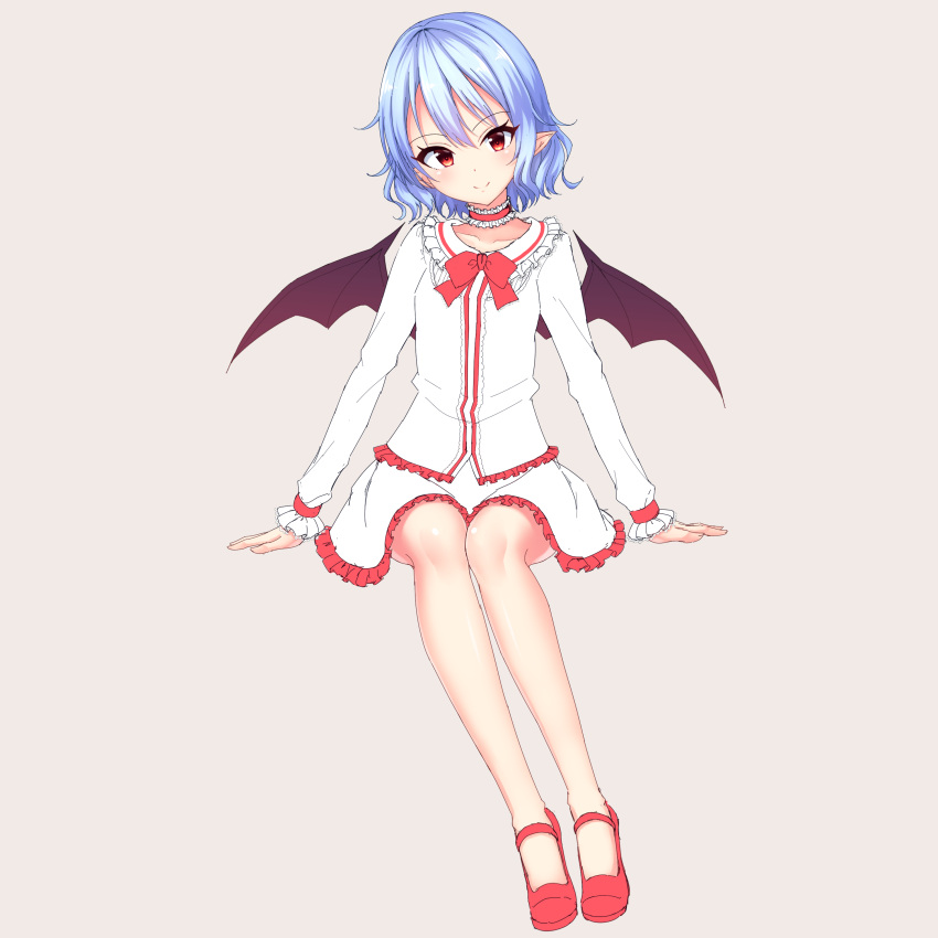 1girl absurdres arm_garter bat_wings blue_hair bow bowtie choker frilled_choker frilled_shirt_collar frilled_skirt frilled_sleeves frills full_body hair_between_eyes highres junior27016 lavender_background long_sleeves looking_at_viewer mary_janes no_socks pointy_ears red_bow red_eyes red_footwear red_neckwear remilia_scarlet shirt shoes short_hair simple_background sitting skirt smile solo touhou white_shirt white_skirt wings