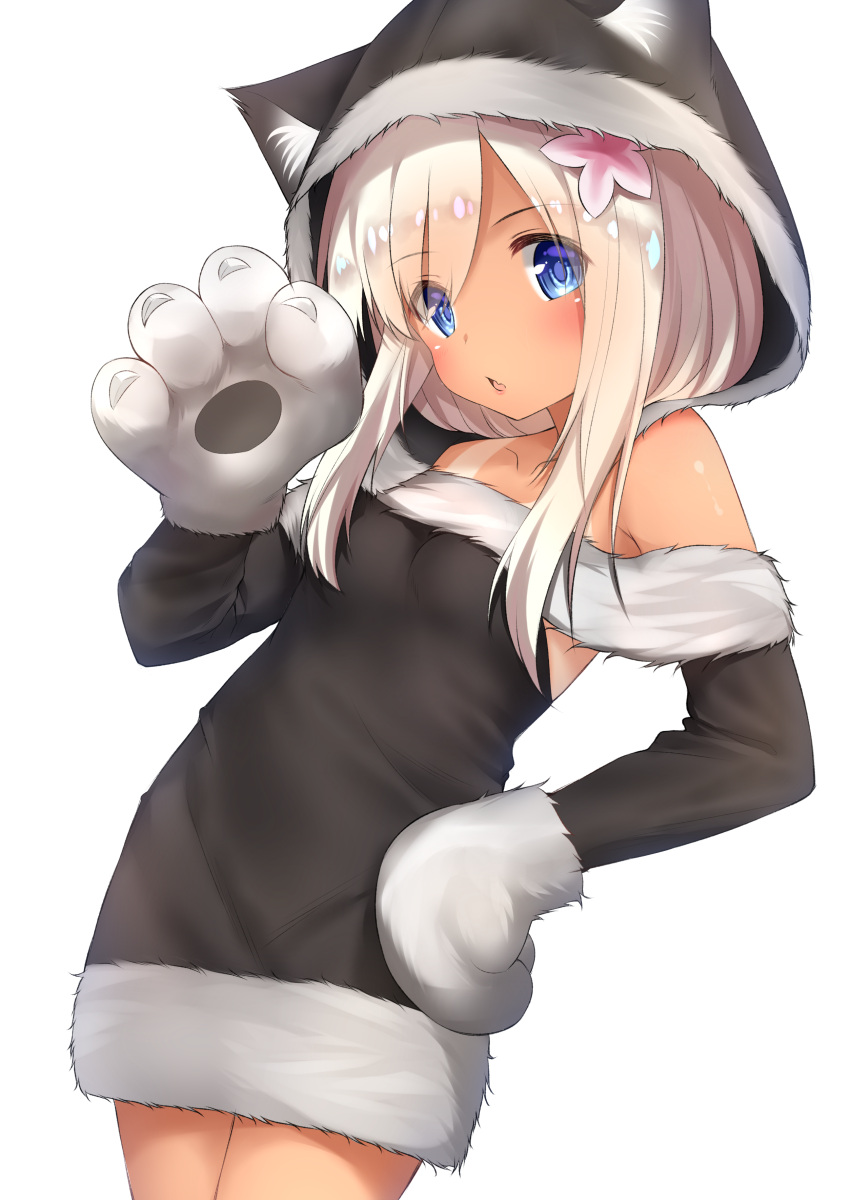1girl absurdres animal_ears blonde_hair blue_eyes flower go-1 hair_flower hair_ornament highres kantai_collection long_hair long_sleeves open_mouth pink_flower ro-500_(kantai_collection) simple_background solo white_background wolf_ears wolf_paws