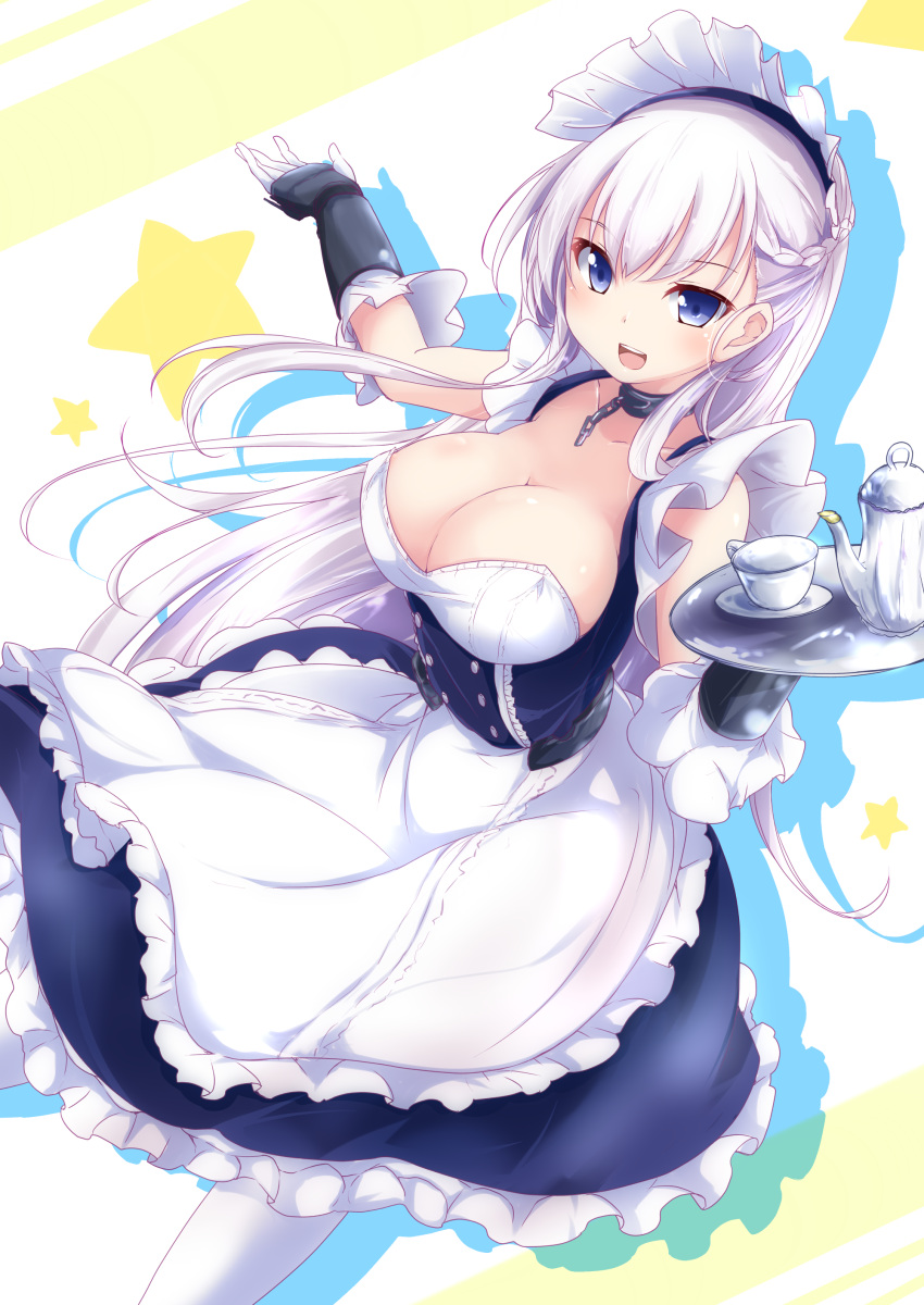 1girl :d absurdres apron azur_lane bare_shoulders belfast_(azur_lane) blue_eyes braid breasts carrying chains cleavage collarbone commentary_request cup elbow_gloves french_braid gloves highres large_breasts long_hair looking_at_viewer maid maid_apron maid_headdress nanaume_(shichimi_tougarashi) open_mouth pantyhose silver_hair smile solo teacup teapot white_hair white_legwear