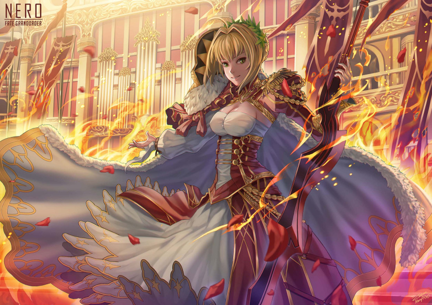 1girl aestus_estus ahoge blonde_hair blurry breasts character_name cleavage depth_of_field epaulettes fate/extra fate_(series) fire green_eyes highres holding looking_at_viewer medium_breasts parted_lips petals saber_extra smile solo standing sword weapon wind zen_(jirakun)