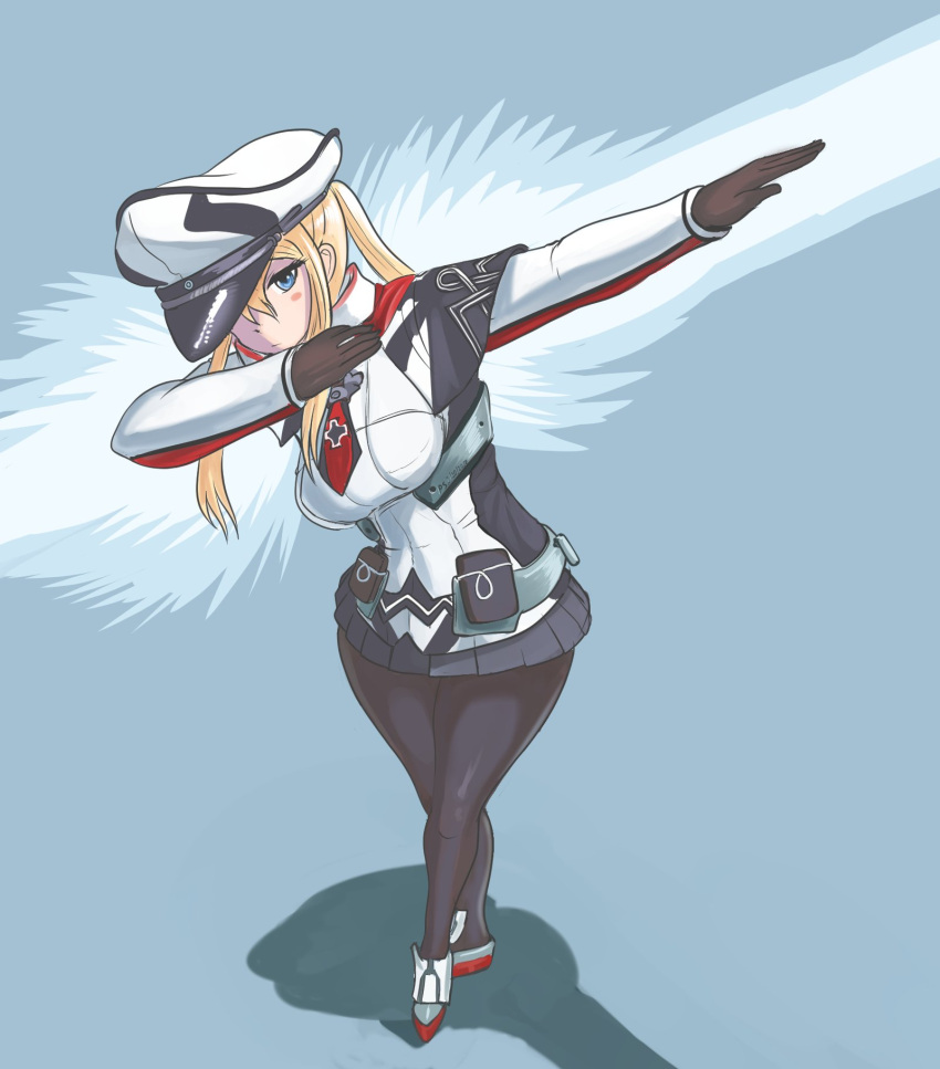 1girl bangs belt_pouch black_gloves black_legwear black_skirt blonde_hair blue_eyes blush breasts capelet closed_mouth commentary cross dab_(dance) full_body german german_clothes gloves graf_zeppelin_(kantai_collection) hat highres iron_cross jacket kantai_collection large_breasts long_hair military military_hat military_uniform miniskirt necktie pantyhose peaked_cap pleated_skirt profitshame shadow simple_background skirt solo twintails uniform white_hat white_jacket