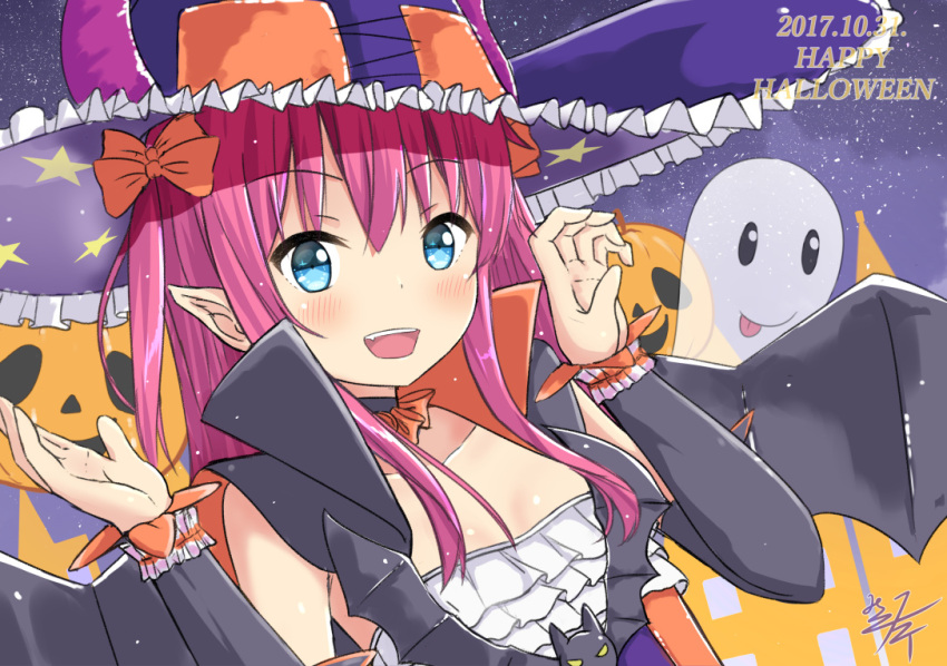 1girl :d blue_eyes cape collarbone commentary_request detached_sleeves elizabeth_bathory_(halloween)_(fate) fate/grand_order fate_(series) ghost hat jack-o'-lantern lancer_(fate/extra_ccc) long_hair looking_at_viewer mikoillust open_mouth pointy_ears purple_hair smile witch_hat