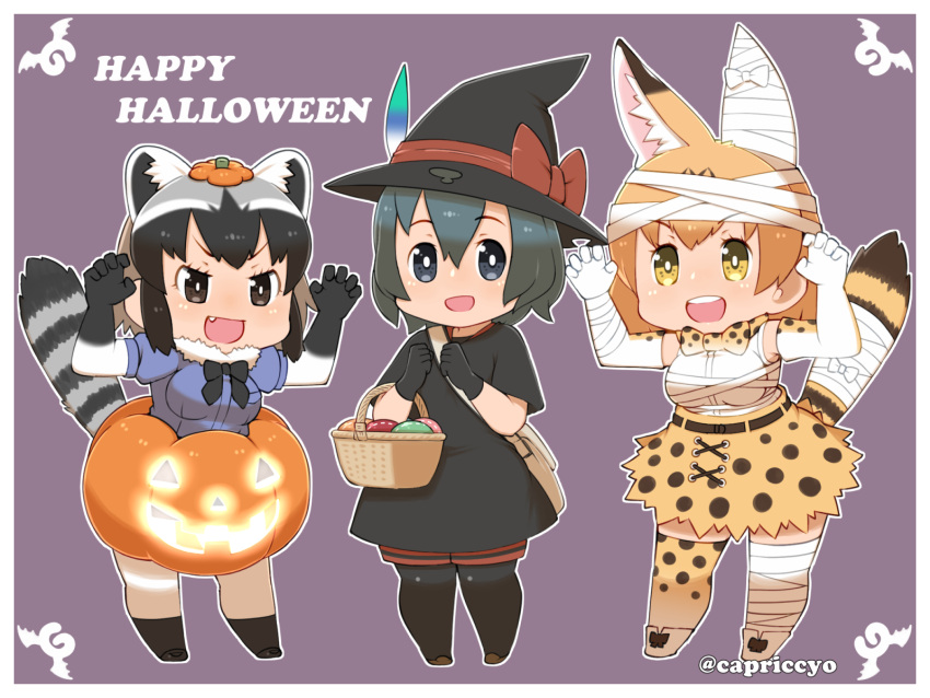 &gt;:d 3girls :d alternate_costume alternate_headwear animal_ears bag bandage bandaged_ear bandaged_head basket black_eyes black_gloves black_hair blonde_hair bow bowtie breasts brown_eyes capriccyo chibi claw_pose commentary common_raccoon_(kemono_friends) elbow_gloves extra_ears eyebrows_visible_through_hair fang food fur_collar gloves grey_hair hair_between_eyes halloween halloween_costume hat highres jack-o'-lantern japari_bun kaban_(kemono_friends) kemono_friends medium_breasts multicolored_hair multiple_girls open_mouth outline print_gloves print_legwear print_neckwear print_skirt raccoon_ears raccoon_tail serval_(kemono_friends) serval_ears serval_print serval_tail simple_background skirt smile striped_tail tail thigh-highs twitter_username witch_hat yellow_eyes