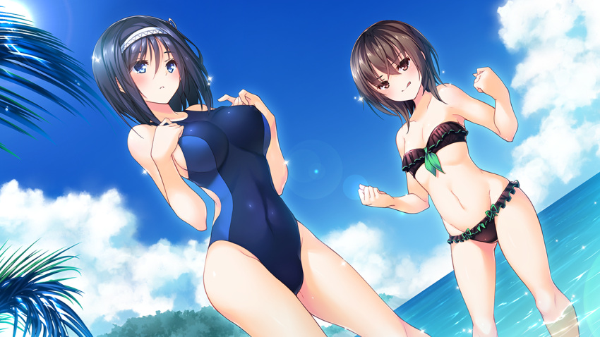 2girls :q bandeau bikini black_bikini black_hair blue_eyes blue_sky blue_swimsuit blush breasts brown_eyes brown_hair clenched_hands closed_mouth competition_swimsuit day dutch_angle erect_nipples frilled_bikini frills game_cg hairband horizon impossible_clothes impossible_swimsuit kanojo_wa_tenshi_de_imouto_de large_breasts lens_flare multiple_girls mutou_kurihito navel one-piece_swimsuit outdoors short_hair sky small_breasts swimsuit tongue tongue_out wading wallpaper