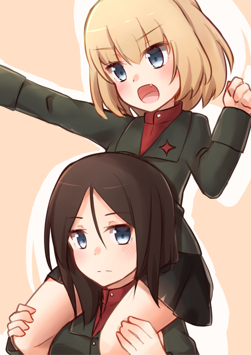 2girls :d :| bangs black_hair black_skirt blonde_hair blue_eyes carrying closed_mouth commentary_request emblem eyebrows_visible_through_hair fang girls_und_panzer green_jacket hair_between_eyes highres jacket kapatarou katyusha long_hair long_sleeves looking_at_viewer looking_to_the_side miniskirt multiple_girls nonna open_mouth pleated_skirt pravda_school_uniform reaching_out red_shirt school_uniform shirt short_hair shoulder_carry skirt smile standing swept_bangs turtleneck uniform