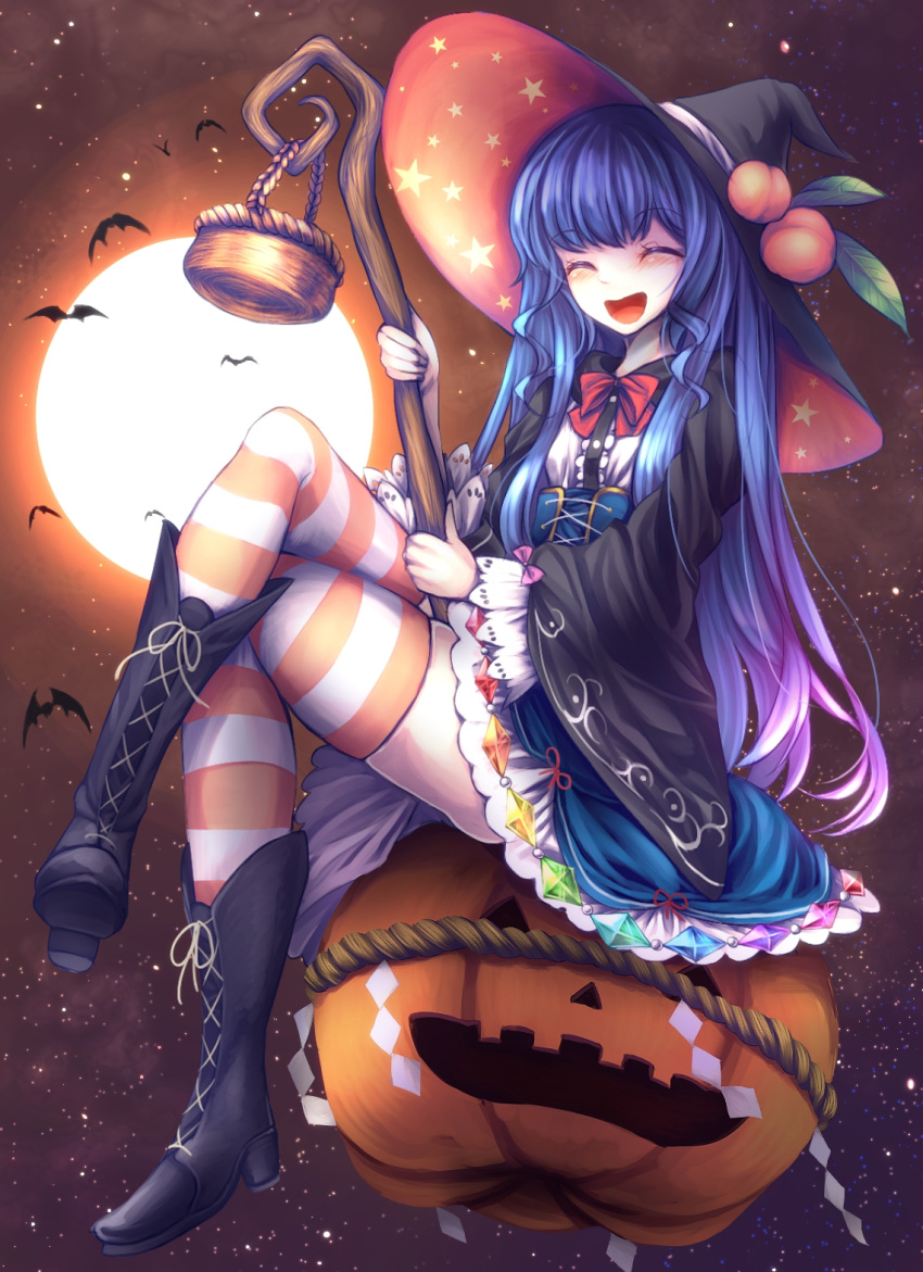 1girl :d ^_^ ^o^ adapted_costume backlighting bangs basket bat black_footwear black_hat blue_hair blue_skirt blush boots bow bowtie closed_eyes cross-laced_footwear eyebrows_visible_through_hair facing_viewer food frilled_skirt frills fruit full_moon hat high-waist_skirt highres hinanawi_tenshi holding holding_staff knee_boots lace-up_boots leaf legs_crossed long_hair long_sleeves maru_daizu_(aqua6233) moon open_mouth orange_legwear peach pink_hair pumpking rainbow_order red_bow red_neckwear sidelocks sitting skirt smile staff star striped striped_legwear thigh-highs thighhighs_under_boots touhou very_long_hair wide_sleeves witch_hat zettai_ryouiki