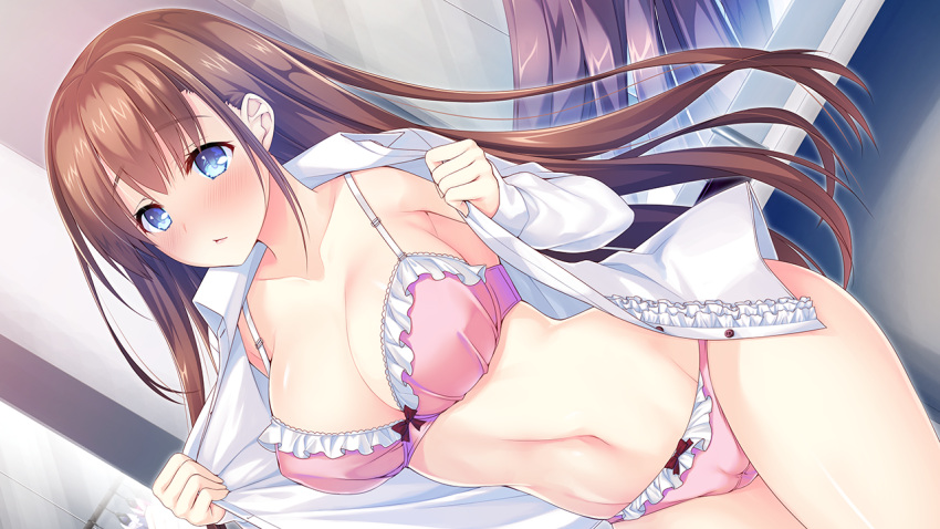 1girl :&lt; bikini blue_eyes blush bra breasts brown_hair cleavage closed_mouth coffee_cat collarbone dutch_angle eyebrows_visible_through_hair game_cg indoors kanojo_wa_tenshi_de_imouto_de large_breasts long_hair long_sleeves navel open_clothes open_shirt panties pink_bra pink_panties shirt solo swimsuit underwear