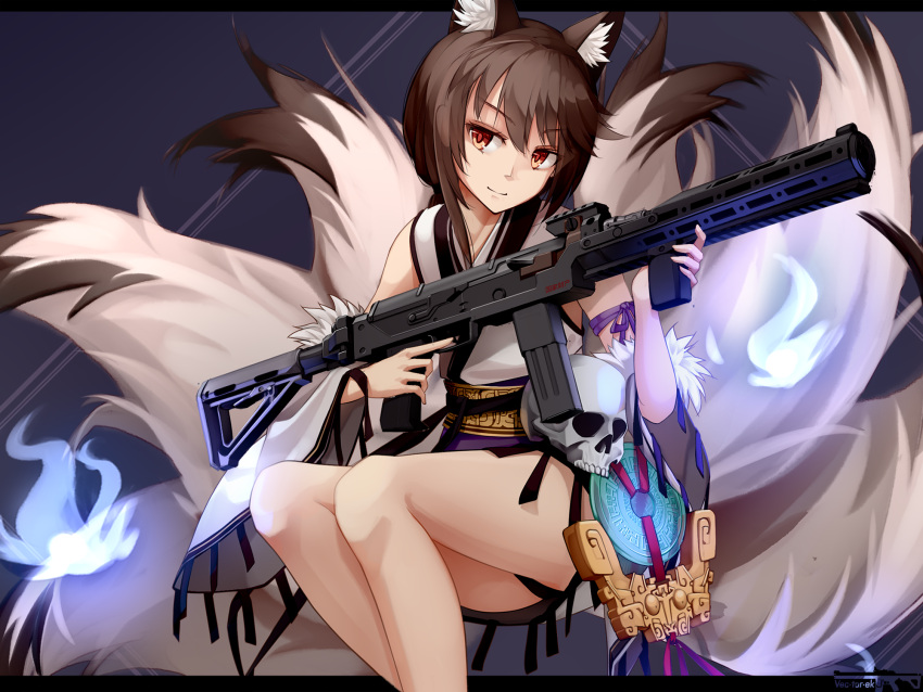 1girl animal_ears blue_fire brown_eyes brown_hair detached_sleeves fire girls_frontline gun highres japanese_clothes magpule multiple_tails skull smg smile submachine_gun tail type_79_(girls_frontline) type_79_smg vectorek weapon wolf_ears wolf_tail