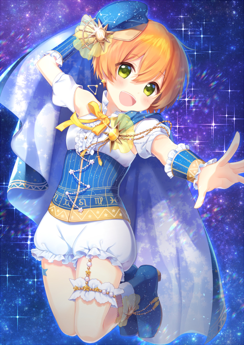 1girl :d arm_warmers blush boots cape center_frills constellation_print detached_sleeves earrings frilled_shorts frills garter_straps green_eyes hand_behind_head hat highres hoshizora_rin jewelry jumping leg_garter leg_tattoo looking_at_viewer love_live! love_live!_school_idol_festival love_live!_school_idol_project neck_ribbon open_mouth orange_hair outstretched_arm pochio_xxx ribbon short_hair shorts sky smile solo sparkle star_(sky) starry_sky tattoo white_shorts yellow_ribbon