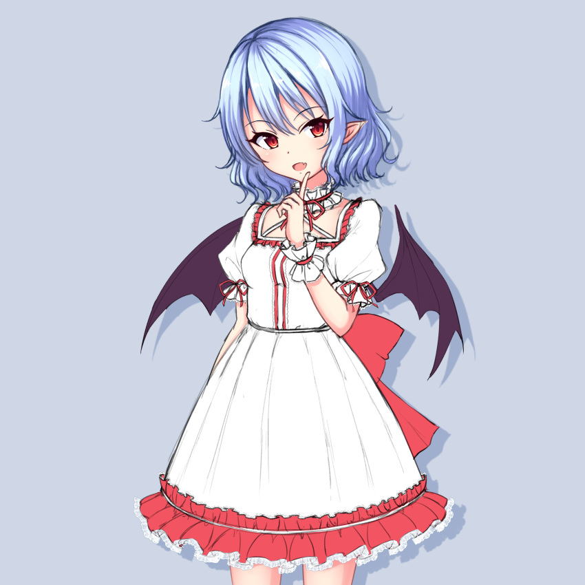 1girl absurdres alternate_color bat_wings blue_hair cowboy_shot dress fang finger_to_mouth frilled_dress frills highres index_finger_raised junior27016 lavender_background lolita_fashion neck_ribbon open_mouth pointy_ears puffy_short_sleeves puffy_sleeves red_eyes red_ribbon remilia_scarlet ribbon short_sleeves solo touhou white_dress wings wrist_cuffs